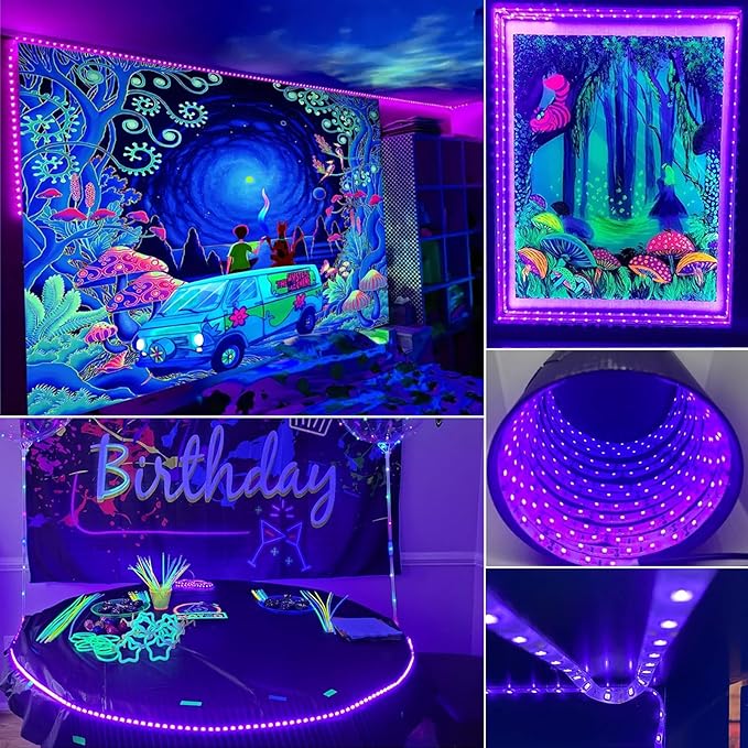 40FT Black Light Strip, Blacklight Flexible & Adhesive 720 LEDs, Black Light for Halloween, Neon Party, Birthday, Display Uranium Vaseline Glass, Posters, Curing Resin, Non-Waterproof Decor