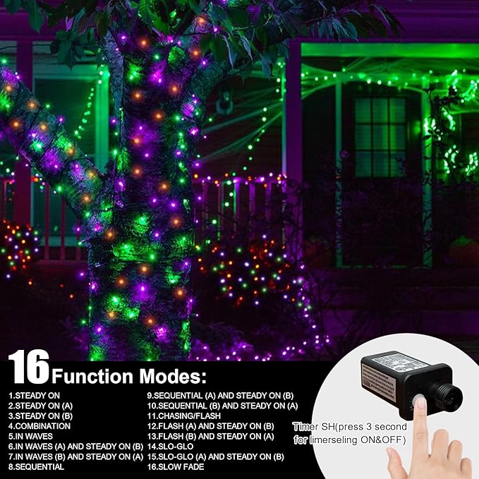 LAMPHOME 99ft Halloween Lights, 300 LED Transparent Wire Fairy Starry String Light Plug in, 16Lighting Modes for Indoor Outdoor Xmas Tree Wedding Party Decoration (Orange Purple Green)