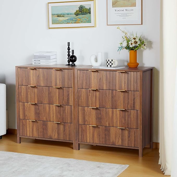 4 Drawer Double Dressers for Bedroom with Waveform Fluted Panel Design, Modern Wide Chest of Drawers,Wood Storage Dresser Chest of Drawers for Bedroom Living Room Hallway Closet,Walnut 2 Sets