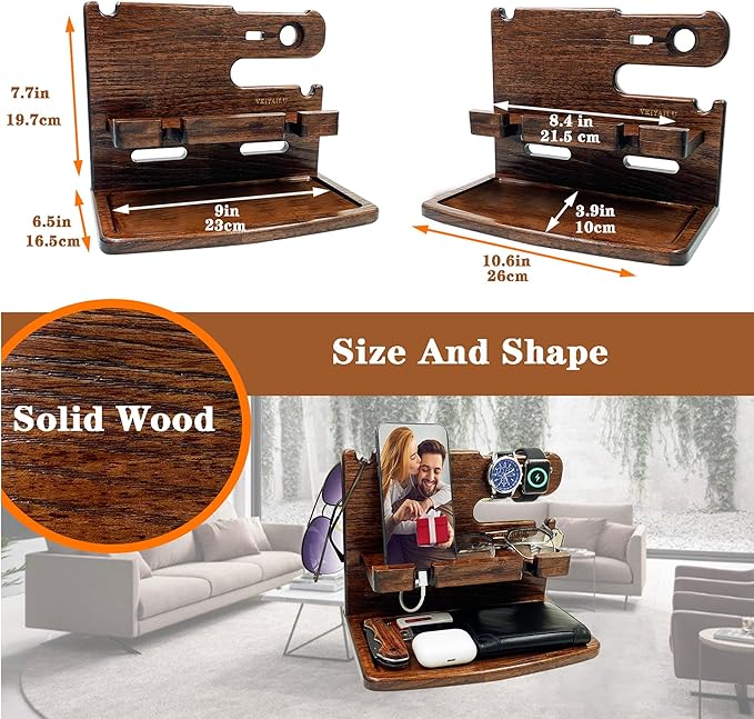 Gifts for Men Boyfriend Dad Husband Him Wood Phone Docking Station Nightstand Organizer for Men (Walnut)