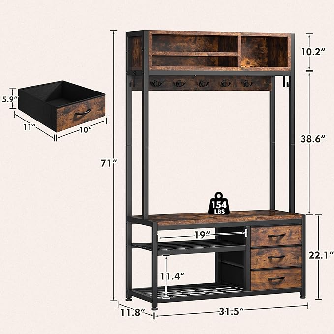 Raybee Hall Tree with Bench and Shoe Storage, Coat Rack Freestanding with 3 Fabric Drawers, Entryway Bench with Shoe Storage, Hall Tree with 12 Hooks for Hallway, Rustic Brown