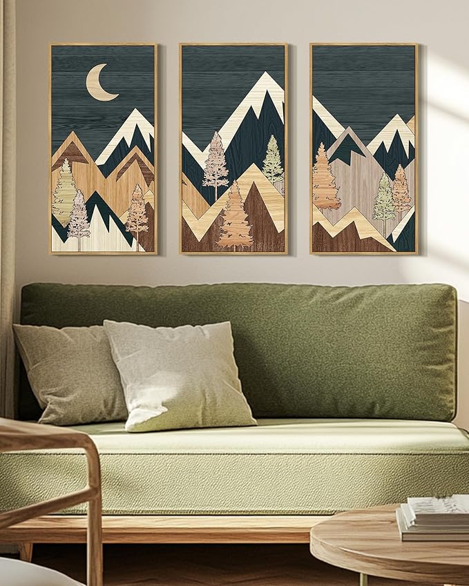 KUVIOKE Huge 16x32in Wooden Mountains Range Landscape Wall Art Framed Tree Nature Wall Decor Moon Rises Prints Bedroom Living Room Ready to Hang Natural Framed