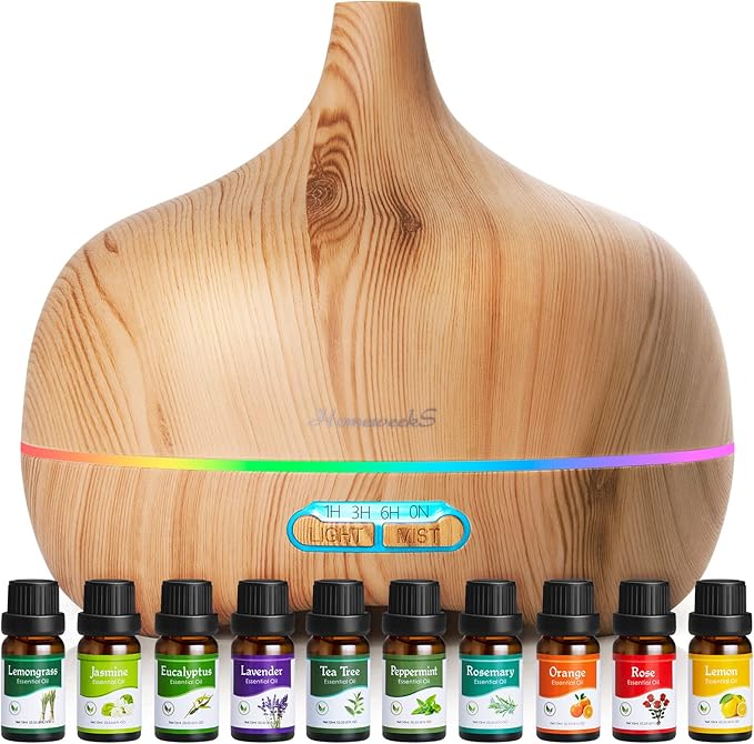 Essential Oil Diffuser Aromatherapy Diffusers: 550ml Ultrasonic Cool Mist Large Aroma Scent Essential Oils Diffuser Waterless Shut Off for Bedroom Home Office Living Room Wood Grain