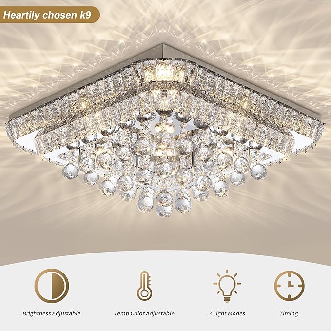REDSTAR 24" Crystal Ceiling-Light Flush Mount with Remote and APP, 3 Colors Temp & Brightness Adjustable, Modern Crystal Raindrop Chandeliers for Bedroom Hallway Dinning and Living Rooms-Square