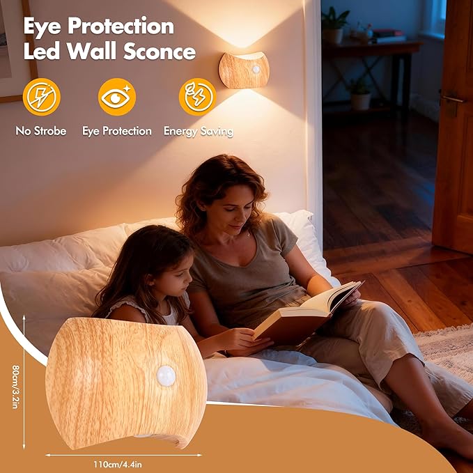 Motion Sensor Wall Lights Indoor - Rechargeable Wall Lights Up & Down, Wireless Battery Operated Wall Sconce Set of 2 for Bedroom, Hallway, Stair, Living Room Decor, Wood Cordless Magnetic Lamp Light