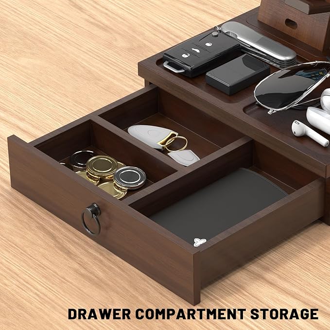 Wood Phone Docking Station, Nightstand Organizer with Drawer, Bedside Table Organizer for Watch & Accessories, Christmas Anniversary Birthday Gifts for Men,Dad,Husband