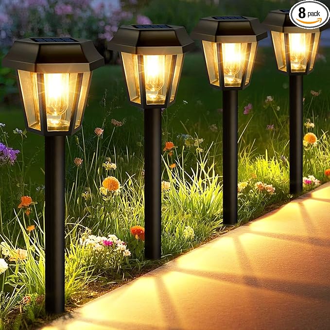 Solar Lights Outdoor 8 Pack Pathway Lights Waterproof with 3000K Vintage Tungsten Filament Light Bulbs for Yard Garden Walkway Driveway Landscape Path