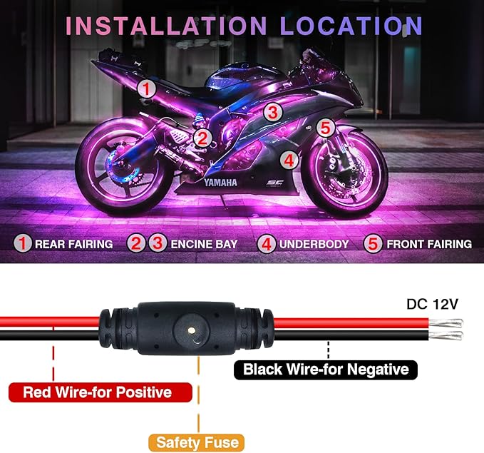 12Pcs RGB Motorcycle LED Lights Kit, Waterproof Multicolor Motorcycle Underglow Kit with APP/RF, Music Sync, Brake Signal for Harley Davidson Kawasaki Suzuki Yamaha Golf Cart 12V Underbody Strip Light