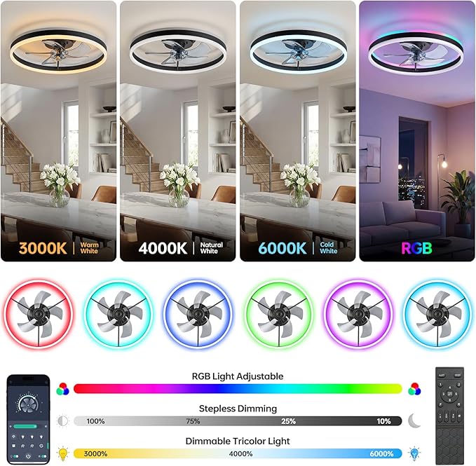 RGB Ceiling Fan with Light,20'' Modern Flush Mount Ceiling Fan, 6 Speeds, Dimmable LED, Remote Control, Quiet DC Motor,Smart Low Profile Ceiling Fan for Bedroom, Living Room,DM101-H-RGB Black
