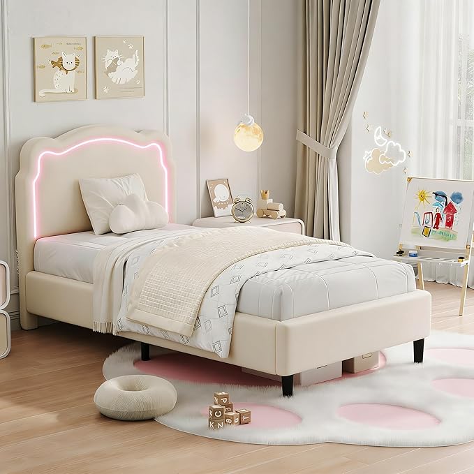 GarveeHome Twin Upholstered Smart LED Bed Frame with Headboard, Velvet Princess Platform Bed Frame for Kids, Wooden Slats Support, No Box Spring Needed (Off-White)
