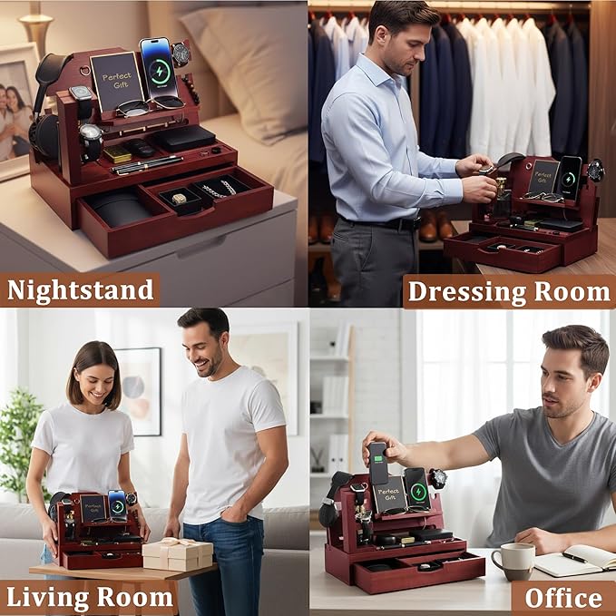 Nightstand Organizer for Men with Large Drawer, Wood Phone Docking Station for Phone, Apple Watch, Wallet & Keys, Ideal Birthday Gift for Father Husband, Bedside Desk Organizer (Mahogany)