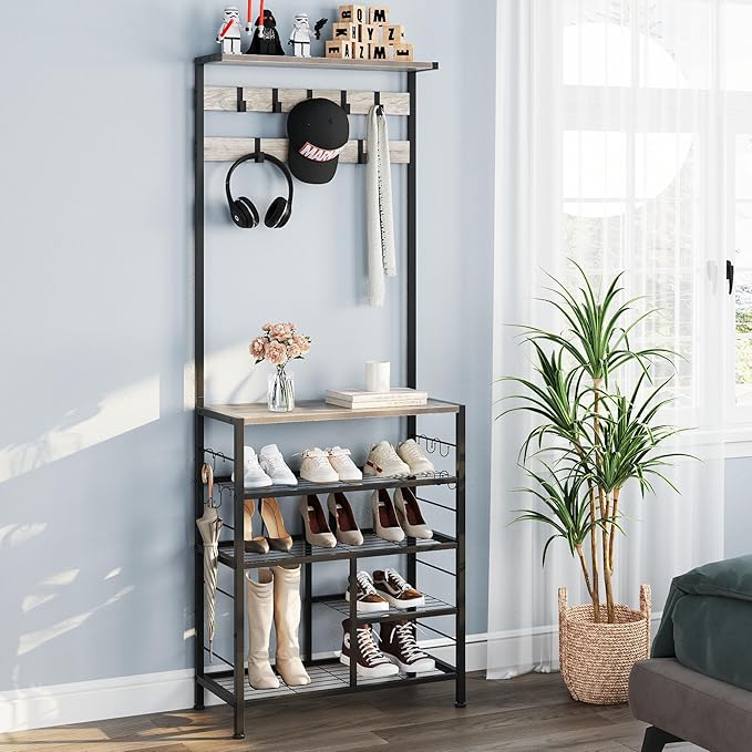 GiftGo Vintage Large 5-Tier Hall Tree with Console Table Entryway Coat Rack Floor Standing Shoes Rack Storage Shelf Organizer for Home Office Bedroom (Greige)