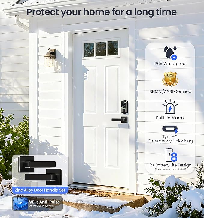 Veise VE027-L Built-in WiFi Smart Lock with Handles, Fingerprint keyless Entry Door Lock Set, App Remote & Voice Control, Electronic Deadbolt for Front Door, Touchscreen Keypad, Auto Lock, Matte Black