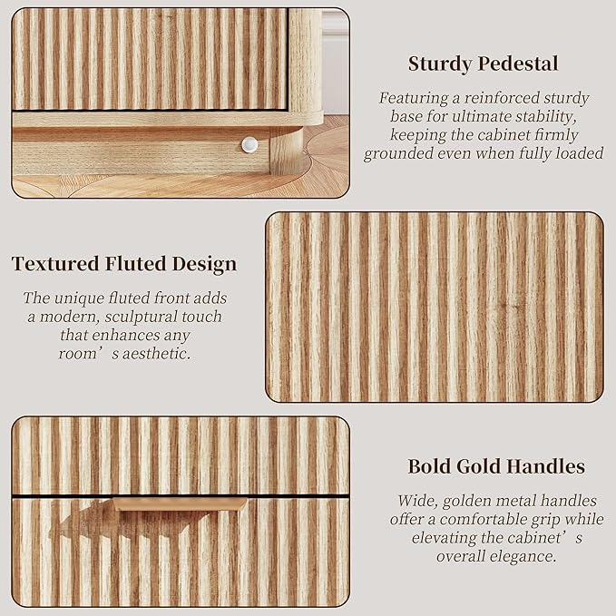 Fluted Dresser for Bedroom with 5 Drawers, 31.5" Wide Modern Chest of Drawers with Lighting, Wooden Dresser TV Stand with Curved Edges, Closet Organizer for Living Room, Hallway,Natural