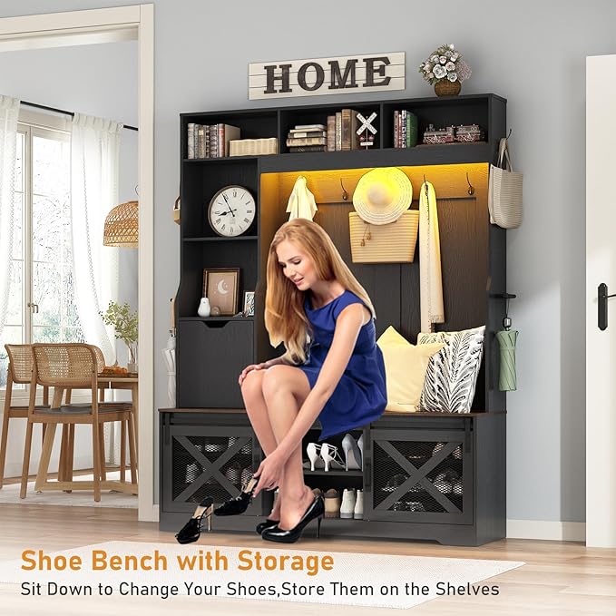 75''H LED Farmhouse Hall Tree with Bench and Shoe,Entryway Bench with Coat Rack,16 Shoe Cubbies & Umbrella Holder and Sock Storage Drawer,Mudroom/Hallway Storages Cabinet(Black)