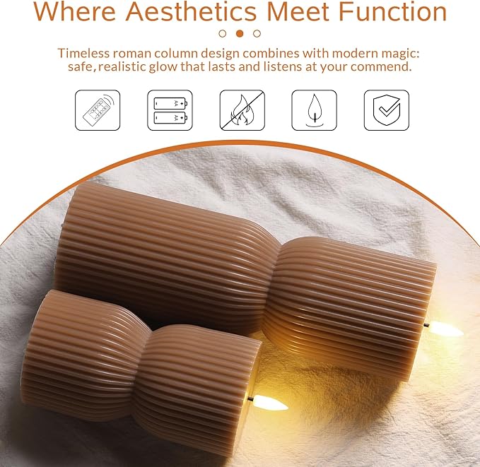 Warm Brown Ribbed Flameless Pillar Candles with Remote, Real Wax Flickering Battery LED Candles Christmas Decor Gift Set of 2