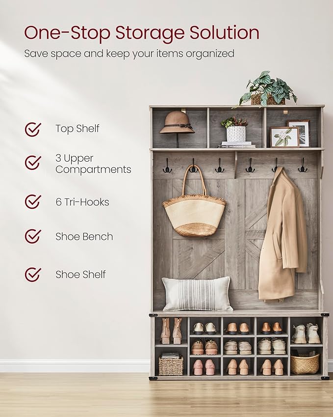 VASAGLE Hall Tree with Bench and Shoe Storage, Coat Rack with Shoe Bench, Entryway Furniture, 16 Open Compartments, 6 Tri-Hooks, Farmhouse Style, Space Saving, Heather Greige UHSR427K02