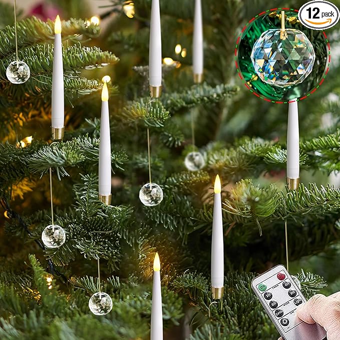 Pack of 12 Flickering Remote 0.5" x6" LED Short Taper Candles with 12 Crystal Ball Hooks, Battery Operated Timer Window White Plastic Flameless Warm Light Candlesticks for Holiday Decor
