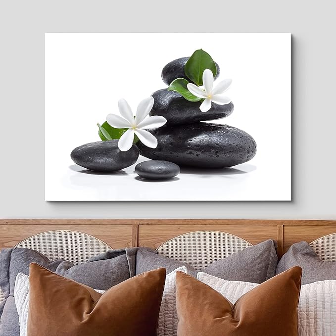 wall26 Canvas Print Wall Art White Daisy Flower Black Ocean Beach Zen Pebbles Nature Wilderness Photography Realism Rustic Landscape Colorful Multicolor for Living Room, Bedroom, Office - 12"x18"