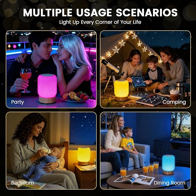 Night Light, Bedside Table Lamp with Touch & Remote Control, 13 RGB Colors 6-Level Dimmable, Rechargeable Cordless for Bedroom, Nursery, Gaming Room, Party