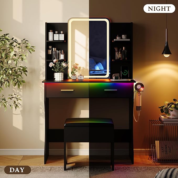 Makeup Vanity Desk with Mirror & Lights, Small Vanity Table Set for Girls with Chair & Power Outlet, Modern Dressing Table with 2 Drawers & 4 Storage Shelves, Adjustable RGB Lighting - Black