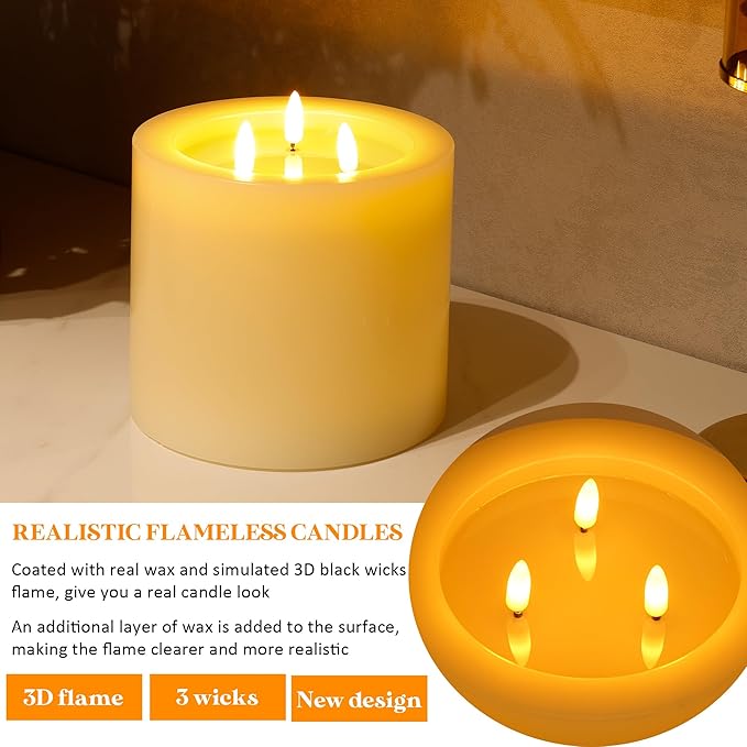 Extra Large Flameless Candles with 3 Wicks, 6"x6" Real Wax Battery Operated Candles with Remote and Timer, Flickering LED Candles Fake Candle for Home, Wedding, Party, Ivory