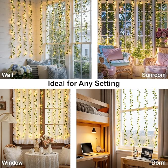 suddus Vines with Light for Bedroom, 200 LED Fairy Lights with Vines, Ivy Curtain Lights for Dorm, Wedding, Party, Wall, Indoor, Outdoor Decor, 6.5ft x 6.5ft