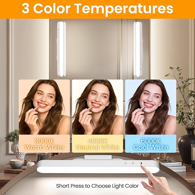 2 Pack Wireless Makeup Light Bar, Rechargeable Vanity Lights for Mirror with 3 Color Modes, Bathroom Magnetic Stick on Mirror Light, Gift for Women
