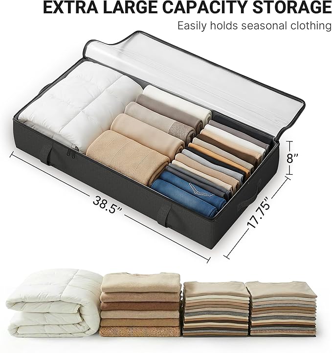 2-Pack Under Bed Storage Containers, 8 Inches Tall Underbed Clothes Storage Organizer Bin with Sturdy Sidewalls/Bottom, Under the Bed Storage Bags 2 Storage Bins, Black
