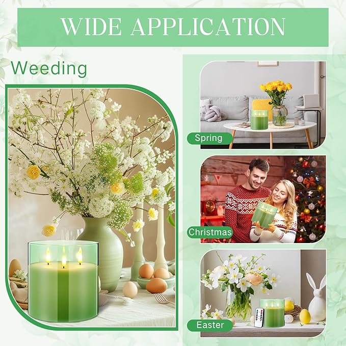 Retisee 6'' x 6'' Extra Large Flameless Candles, 3 Wick Glass Large Candles with Remote Control and Timer Function, Real Wax LED Pillar Flickering for St. Patrick's Spring Party Decor(Green,1 Pcs)