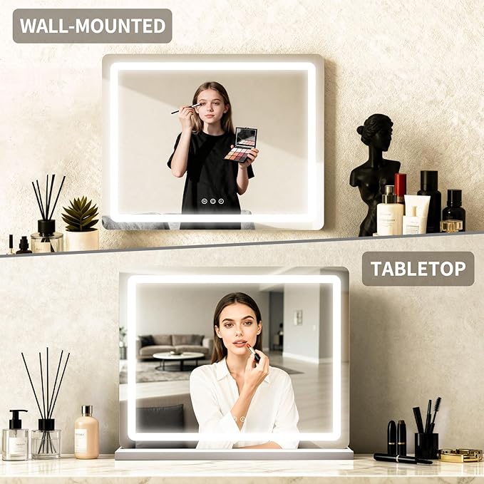 ROLOVE Vanity Mirror with Lights, 23"x18" Large Makeup Mirror with Lights, 10x Magnification, Wall Mounted LED Mirror for Bathroom, Dimmable Touch Control, Desk Mirror