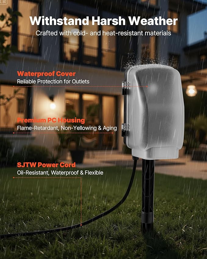 VEVOR Outdoor Power Stake Timer, 100FT Extension Cord, Remote Control Outdoor Power Strip with Cover, Dusk to Dawn Light Timer Waterproof, 6 Outlets for Halloween Christmas Lights, Garden Decorations