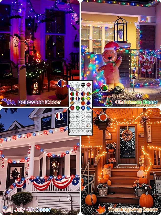 600LED Smart 4th of July String Lights App Controlled, 208T Waterproof Red White and Blue Lights, Patriotic RGB Color Changing Twinkle Light with Remote & Timer Indoor Outdoor for Memorial Day Decor
