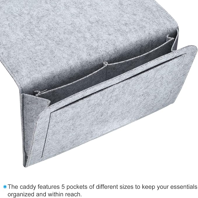 PATIKIL 11in Bedside Caddy, Bed Caddy Bedside Organizer Hanging 5 Pocket Soft Bed Pockets Bedside Storage Organizer Remote Control Holder for Bedroom Phones Glasses, Light Grey
