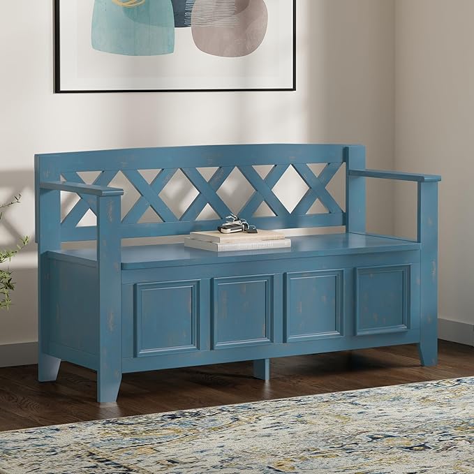 SIMPLIHOME Amherst Entryway Storage Bench - 48 inch Wide Solid Wood Hallway Seat in Distressed Coastal Blue, Transitional Bench for Entryway or Living Room with Lift-Up Lid and Spacious Storage