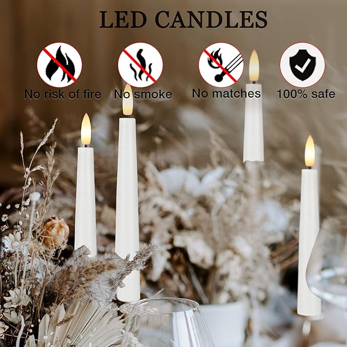 Flameless Taper Candles with 3D Wick, 9.6" Real Wax LED Candles with Remote and Timer, 3 Pack Flickering Candlesticks Battery Operated, Classic Tall Taper Candles for Home, Wedding, Party, White