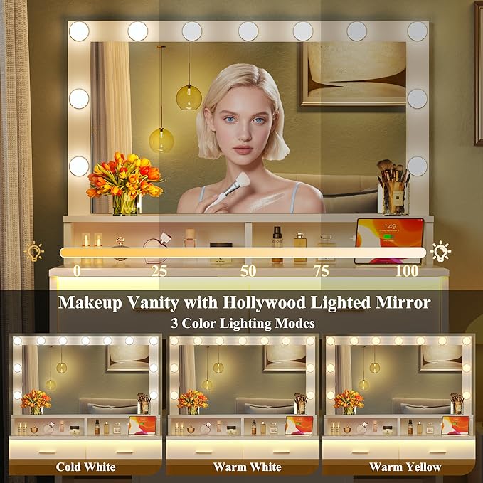 Vanity Desk with Mirror and Lights, Small Makeup Vanity with Power Outlets and RGB LED Strip, Bedoom Vanity Table Set with Cushion Stool and 2 Storage Drawers, 3 Color Modes, Bright Adjustable, White