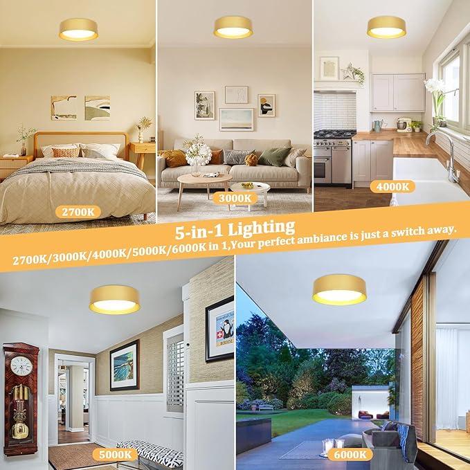 BrightHome Flush Mount Ceiling Light, 13in 2600LM 25W(300W Equiv), LED Ceiling Light Fixture 5CCT 2700K 3000K 4000K 5000K 6000K,Dimmable Ceiling Lamp for Bedroom Bathroom Hallway,Polished Gold Finish