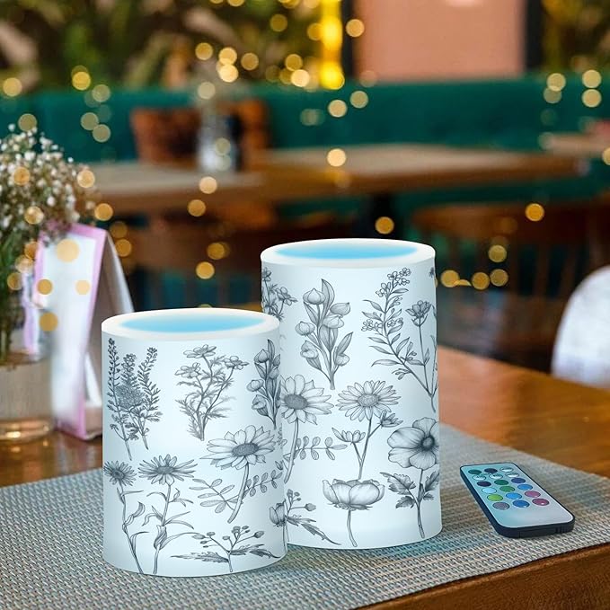Graffiti Flower Pattern Flameless Candles Color Changing LED Candles with Remote Control Battery Candles for Outdoor and Indoor Home and Room Decoration, 3'' x 4''/5'' Set of 2 Pieces