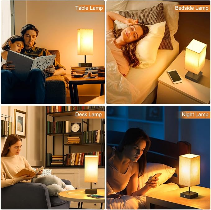 comzler Bedside Lamp, Touch Control Table Lamp for Bedroom, Small Nightstand Lamp with 3 Way Dimmable, USB-C + A Ports for Bedroom, Home Decor, Living Room, LED Bulbs Included, Upgraded Fabric Shade