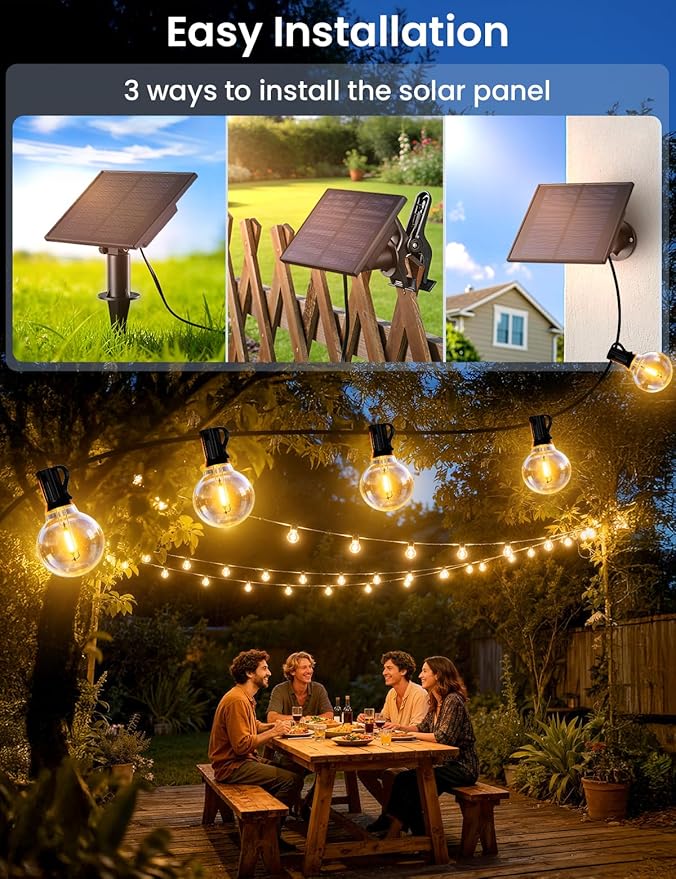 Brightever 25FT Solar String Lights Outdoor Waterproof, G40 Solar Lights with Remote and 10+1 LED Shatterproof Globe Bulbs, Dimmable&3 Lighting Modes, Solar Power Patio Lights for Balcony Garden Porch