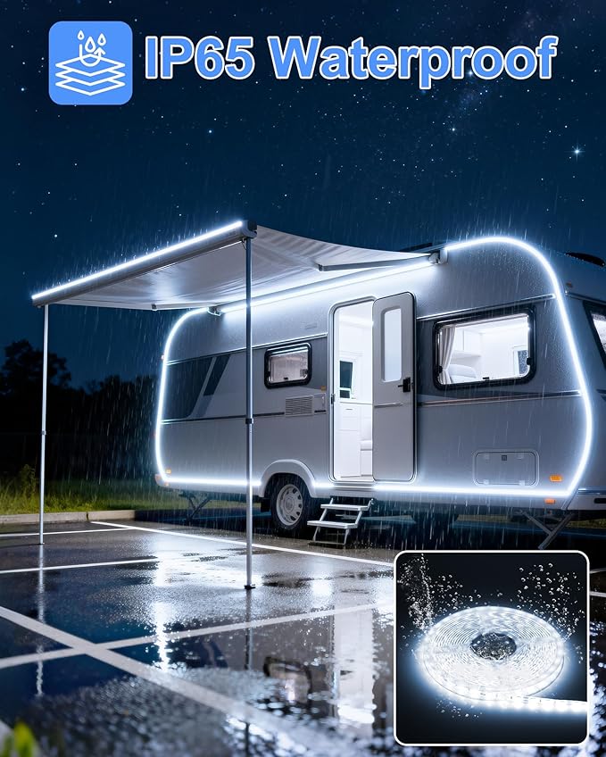 RV Awning LED Lights 2 Pack, 12V 20FT Camper Lights for Motorhome Travel Trailer Concession Stands Food Trucks, IP65 Waterproof RV Exterior Underglow Light, Daylight White