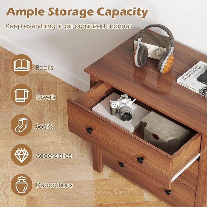 Giantex Small 3-Drawer Dresser for Bedroom - 28.5” x 18” x 26” Wide Chest of Drawers, Modern Large Nightstand, Storage Cabinet, Closet Storage Organizer for Living Room, Hallway (Walnut)