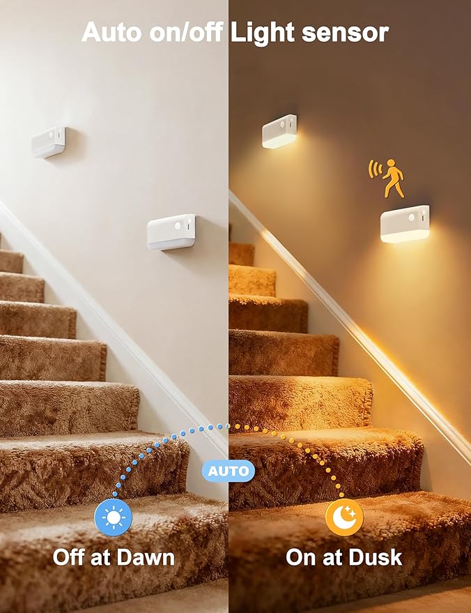 NIORSUN Motion Sensor Stair Lights Indoor, 8 Pack Rechargeable Wireless Step Lights with 3 Color Temperatures, 1200mAh Battery, Magnetic Base for Hallway, Closet, Bathroom, White