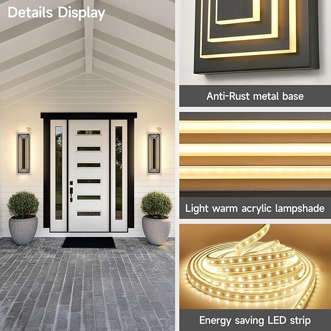 Dusk To Dawn Long Outdoor Wall Light Fixtures, LED Modern Outdoor Lighting For House, 23.6 IN Exterior Wall Sconce,Black Front Porch Light, Waterproof Outside Garage Lights,36W Warm White 1Pcs