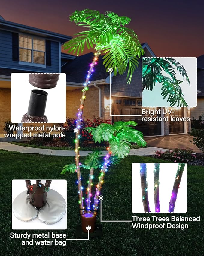 7FT Smart Lighted Palm Tree - App & Remote RGB LED with Music Sync, 3 Trunks DIY Color Changing Artificial Palm Tree, Dimmable Timer Pre-Lit Faux Tree for Outdoor Patio Poolside Tiki Bar Party Decor