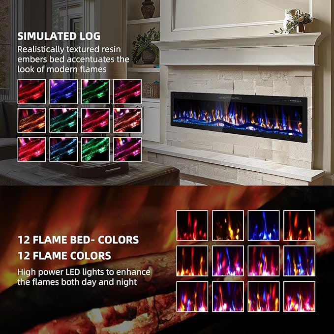 60" Smart WiFi Electric Fireplace with Sound Crackling Narrow Bezel Recessed and Wall Mounted Fireplace Heater with App, Remote Control, Log Flame Option, 750/1500W