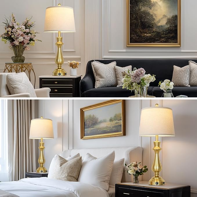 Touch Lamps for Night Stands Set of 2-29.5" Tall Bedside Lamp with USB C+A, 3 Way Dimmable Bedroom Lamps, Gold Metal Table Lamps for Living Room