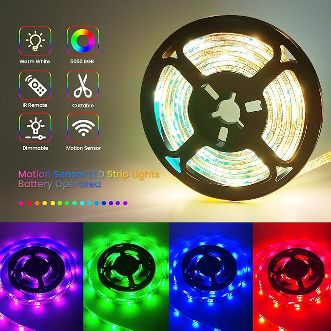 3.3FT Motion Sensor LED Strip Lights with Remote/4Mode, RGB & Warm White Motion Activated LED Strip Lights Dimmable Battery Powered, 16Colors Under Cabinet Lighting for Closet Stairs Home Indoor