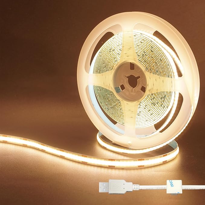5V USB COB LED Strip Lights,9.84FT/3M,Warm White 3000K,320LEDs/M,8mm Width,Not Waterproof IP20,1M USB Cable,Flexible LED Tape Light for DIY Home Indoor Decoration